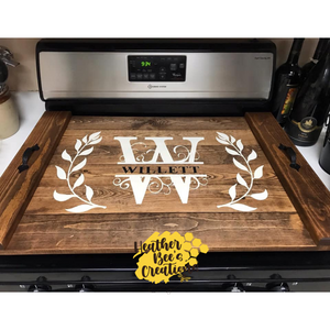 Monogram Initial with last Name with Leaves STOVE COVER